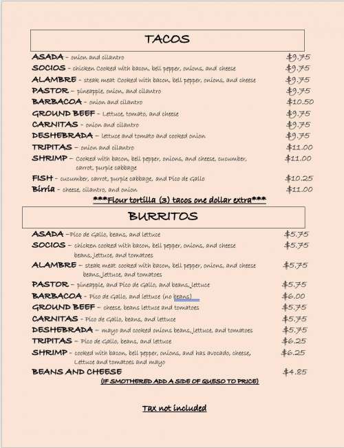 Los Socios menu in Spearman, Texas, USA