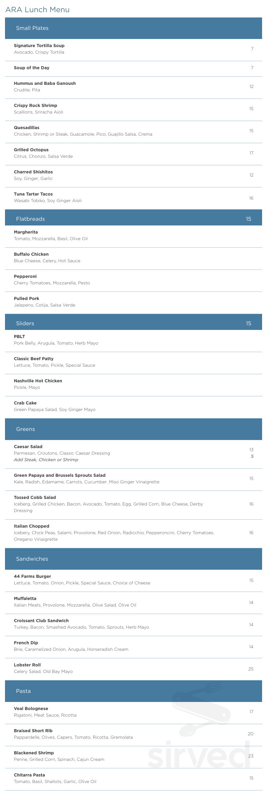 ARA restaurant menu in Houston, Texas, USA