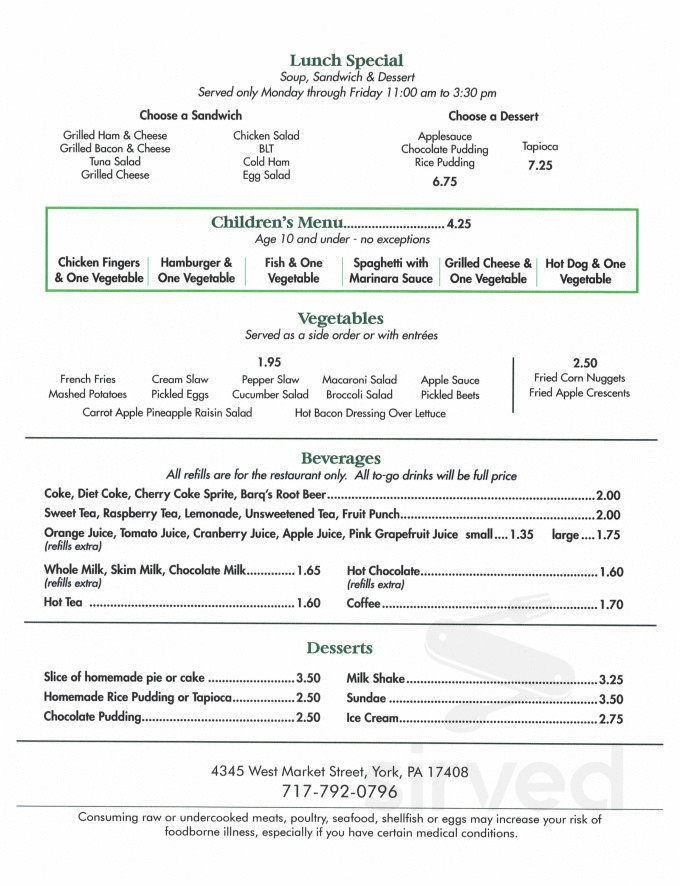 Mary Jane's Restaurant menu in York, Pennsylvania