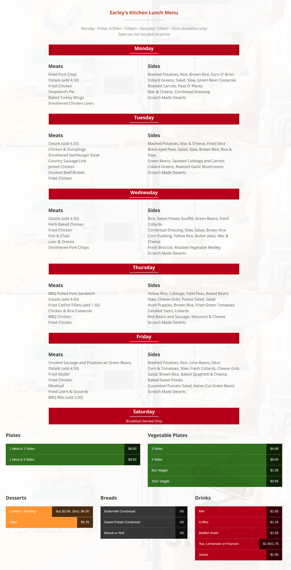 Earley's Kitchen menu in Tallahassee, Florida, USA