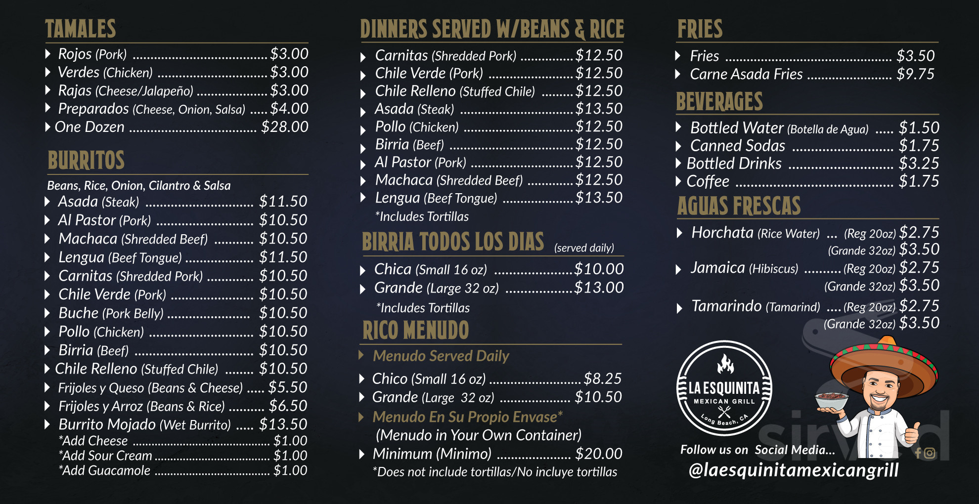 La Esquinita Mexican Grill menu in Long Beach, California, USA