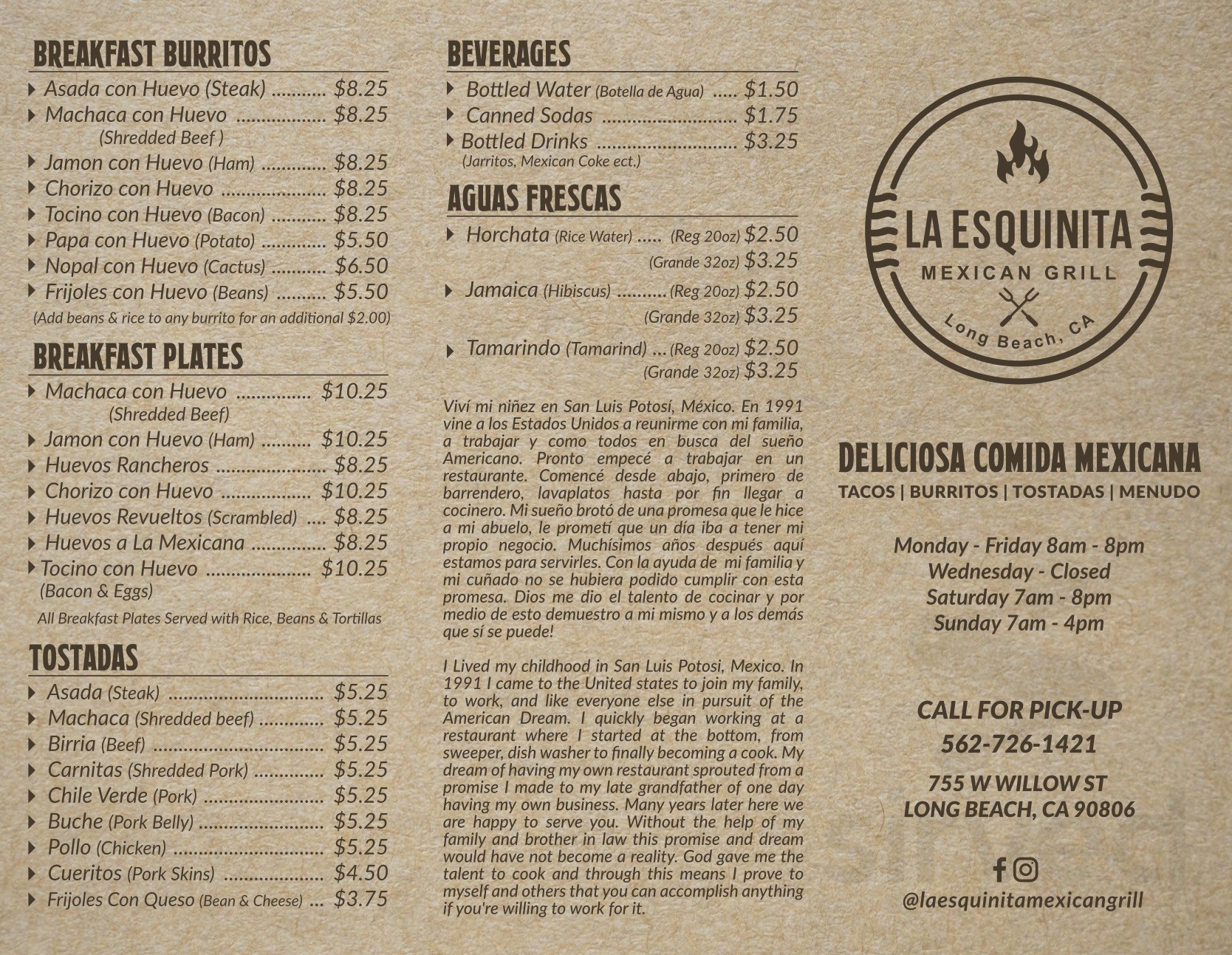 La Esquinita Mexican Grill menu in Long Beach, California, USA