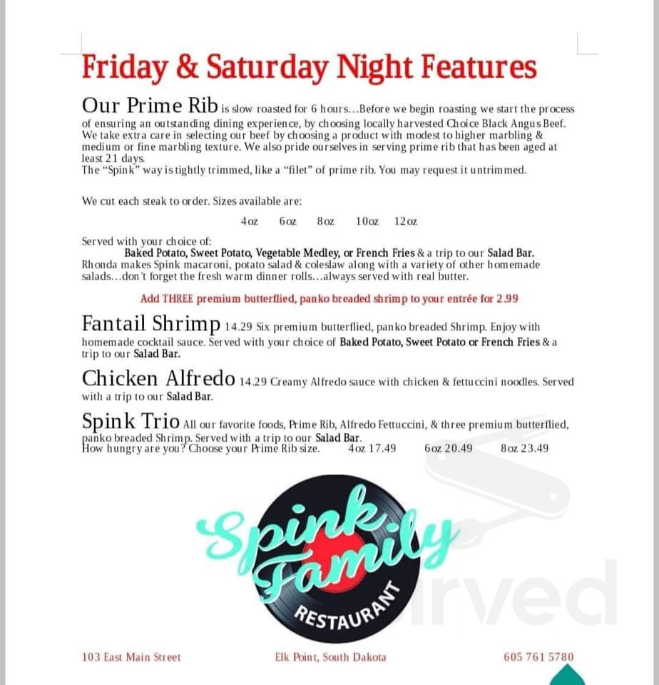 Spink Family Restaurant menu in Elk Point, South Dakota, USA