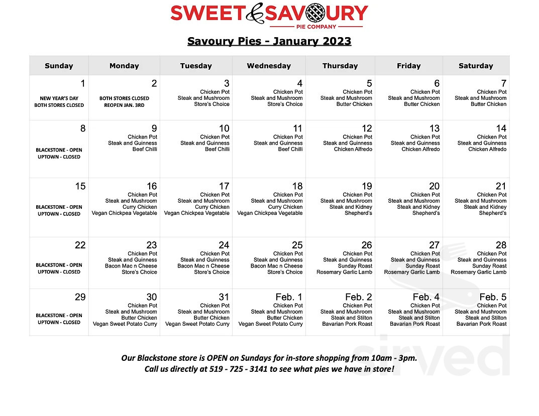 Sweet and Savoury Pie Company menu in Waterloo, Ontario, Canada