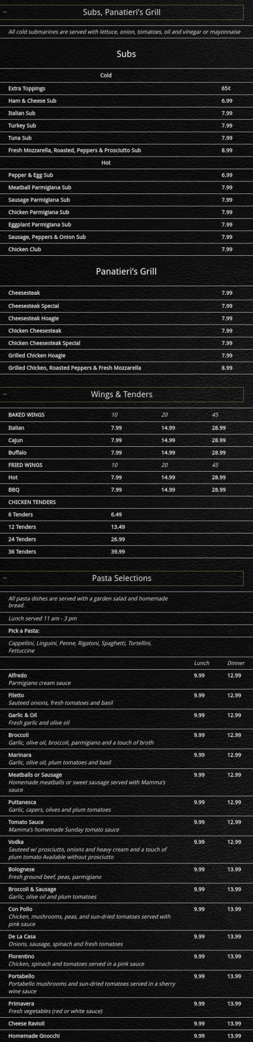 Panatieri's Pizza & Pasta menu in Hillsborough Township, New Jersey, USA