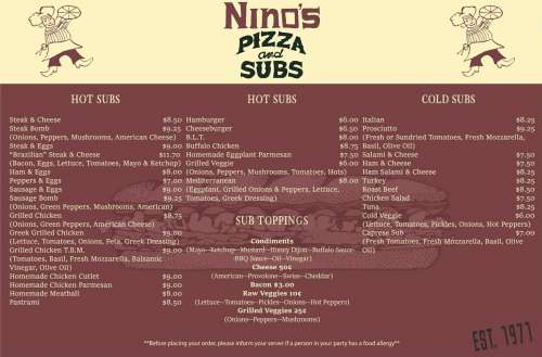 Nino's Pizza menu in Boston, Massachusetts, USA