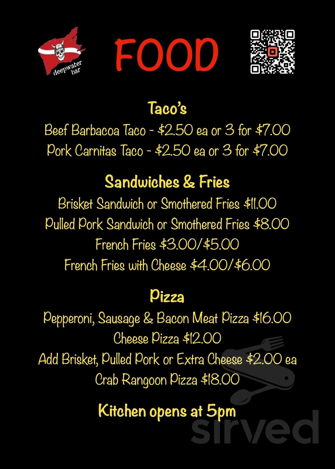 Menu Deepwater MO's Deepwater Bar Sirved