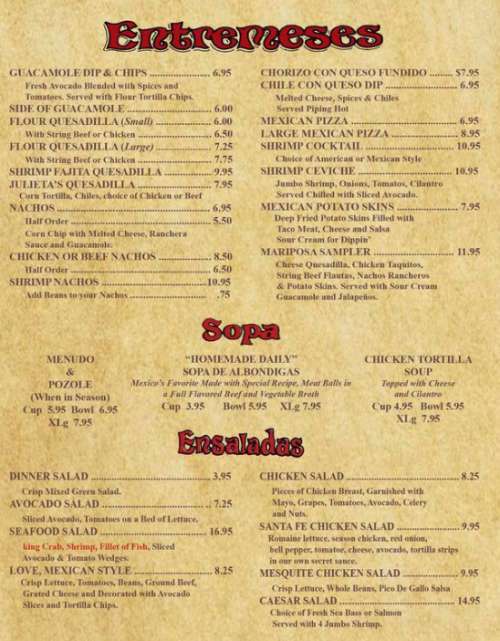 Mariposa Grill & Cantina menu in Covina, California, USA