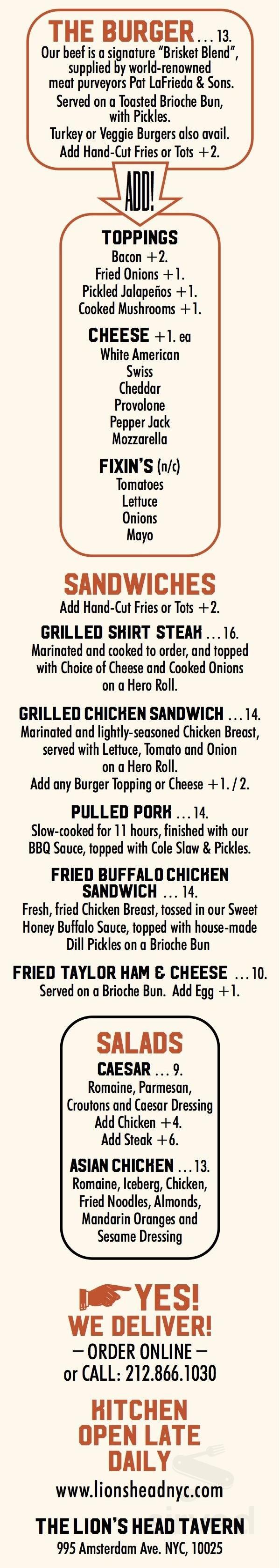 Lion's Head Tavern menu in New York, New York, USA
