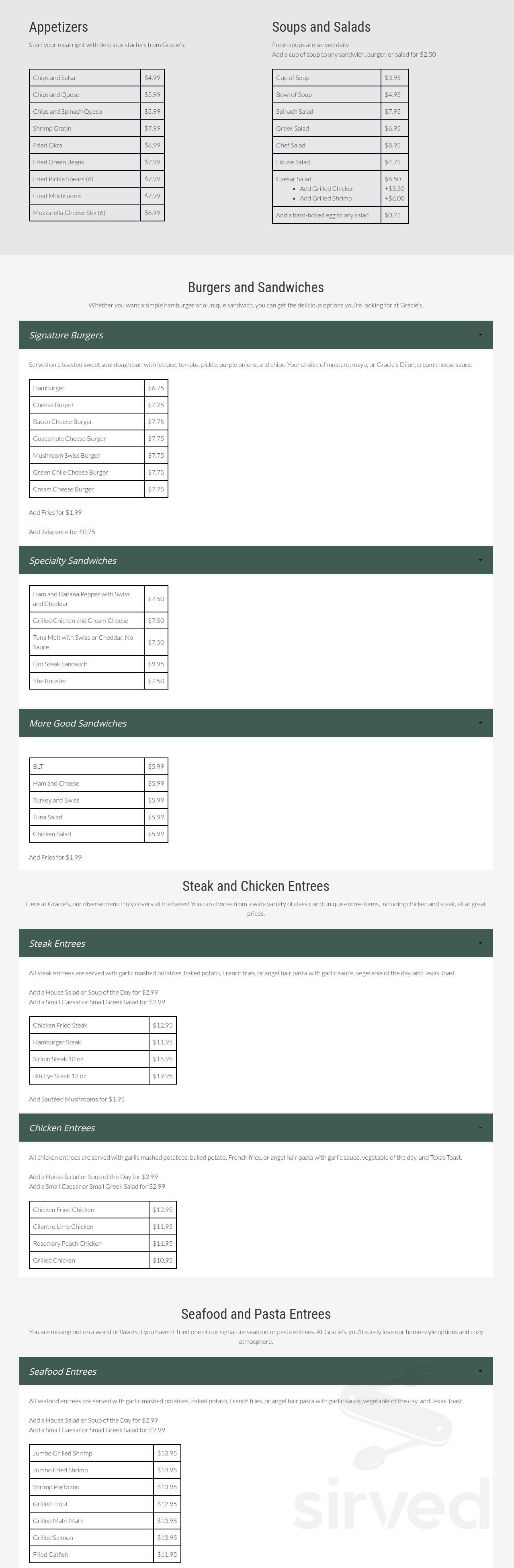 The Grace Miller, Gracie's menus in Bastrop, Texas, United States
