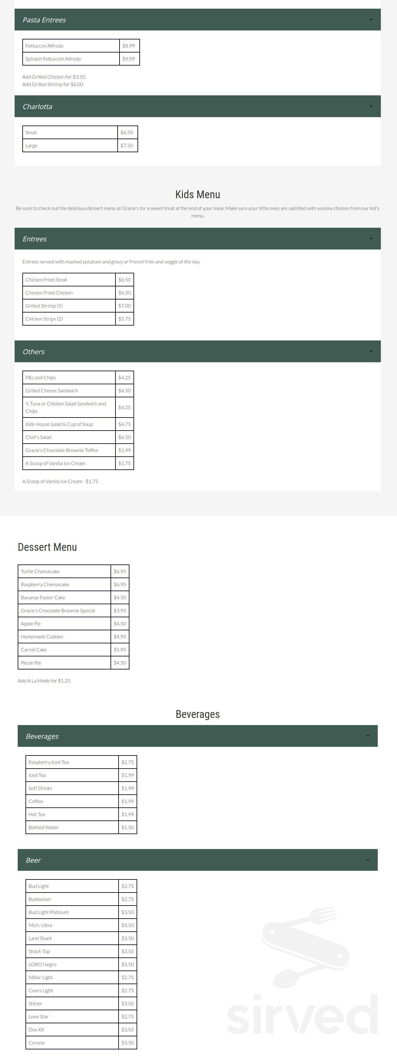 Menu for The Grace Miller, Gracie's in Bastrop, Texas, United States