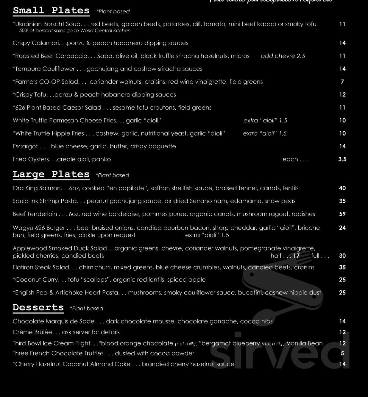 Menu - Grand Junction CO's 626 On Rood | Sirved