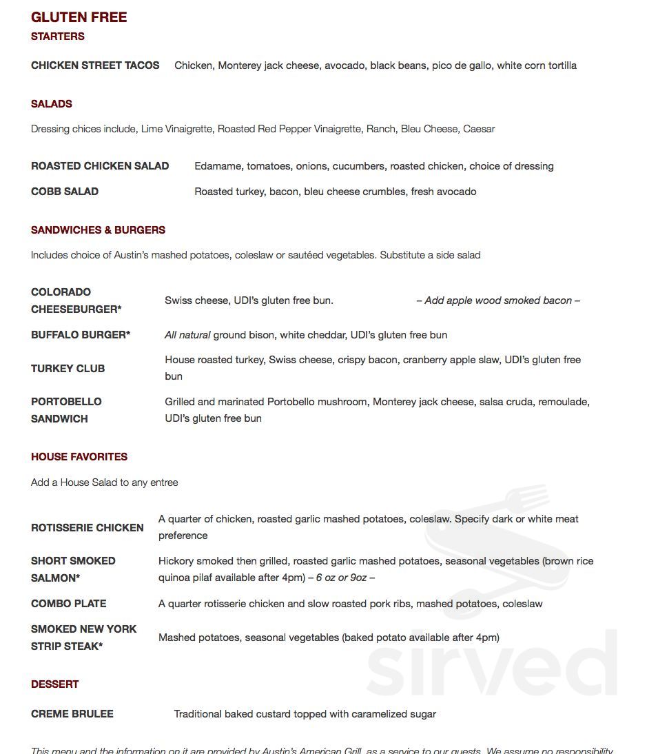 Menu for Austin's American Grill in Fort Collins, CO | Sirved