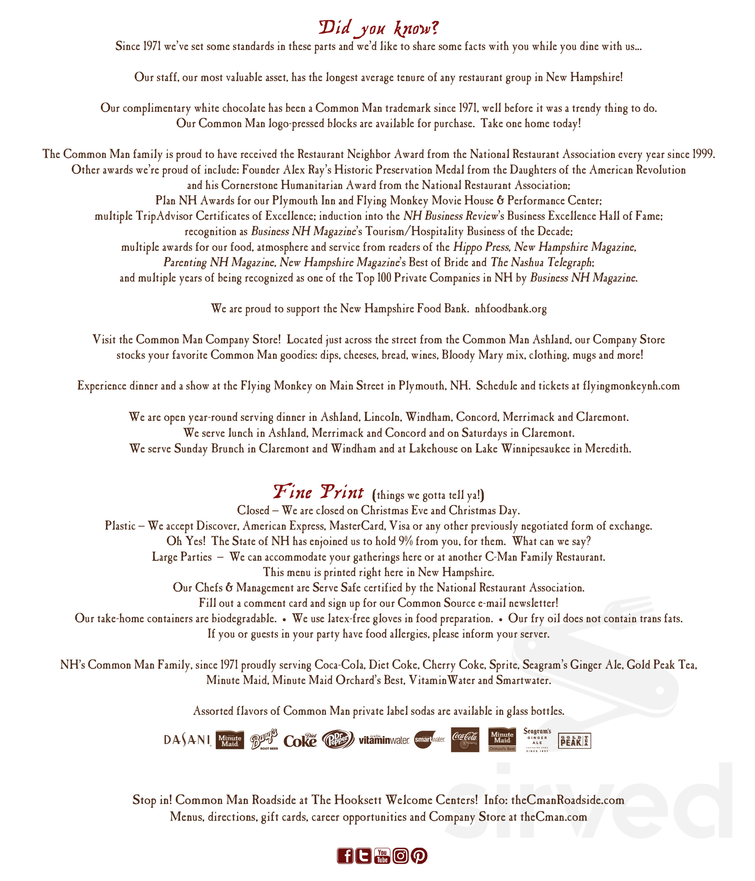 The common man restaurant menu in claremont new hampshire usa