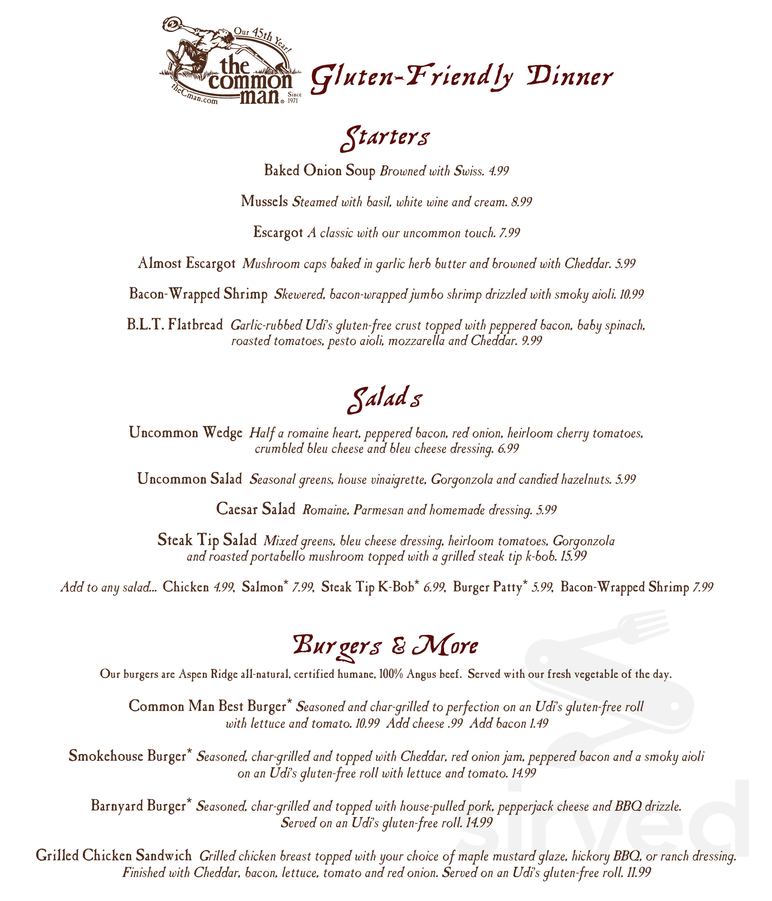 The Common Man Claremont menu in Claremont, New Hampshire, USA