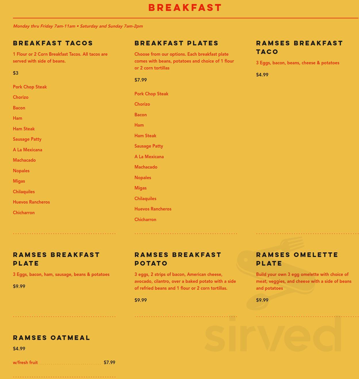 Ramses Tacos & Tequila menus in Harlingen, Texas, United States