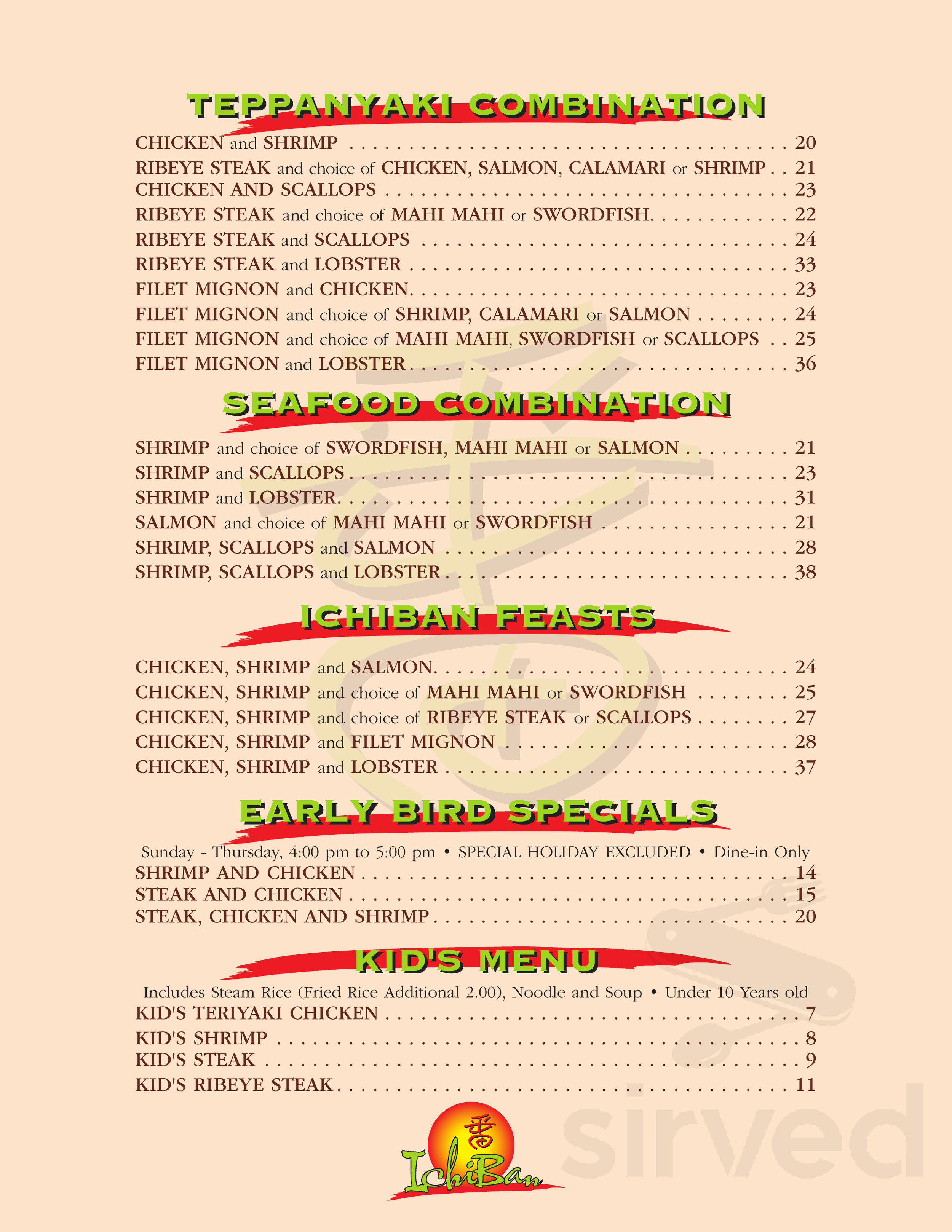 Ichiban Japanese Steakhouse and Sushi Bar menus in Sioux City, Iowa