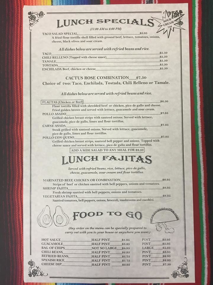 Cactus Rose Cafe Menu In Indian Trail North Carolina Usa