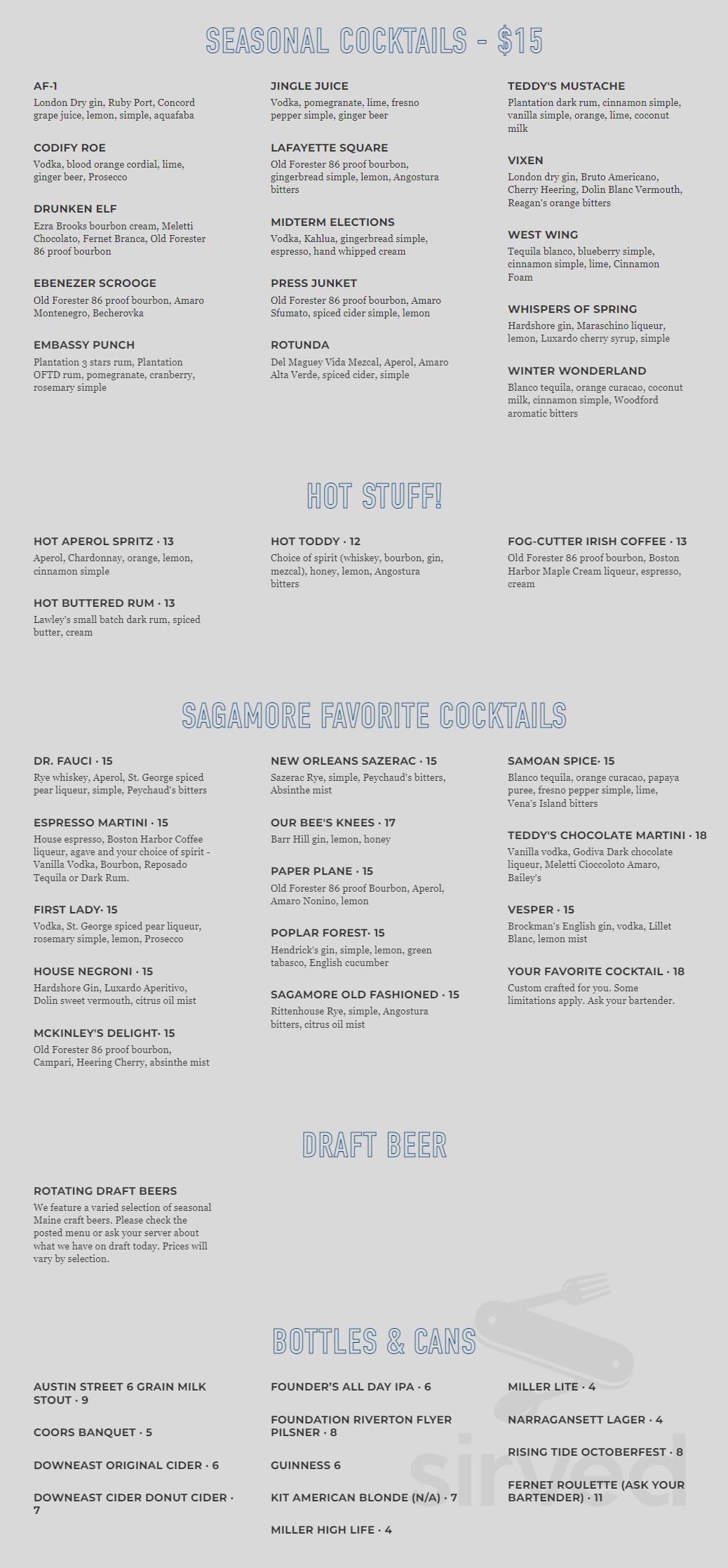 Sagamore Hill Lounge menu in Portland, Maine, USA