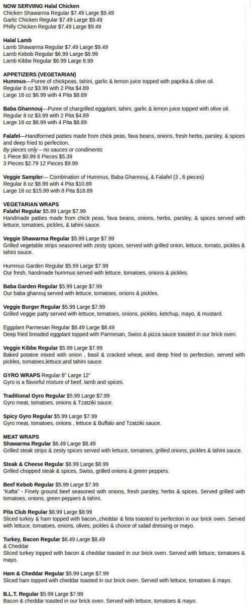 Pita's Mediterranean Wraps menu in Peoria, Illinois, USA