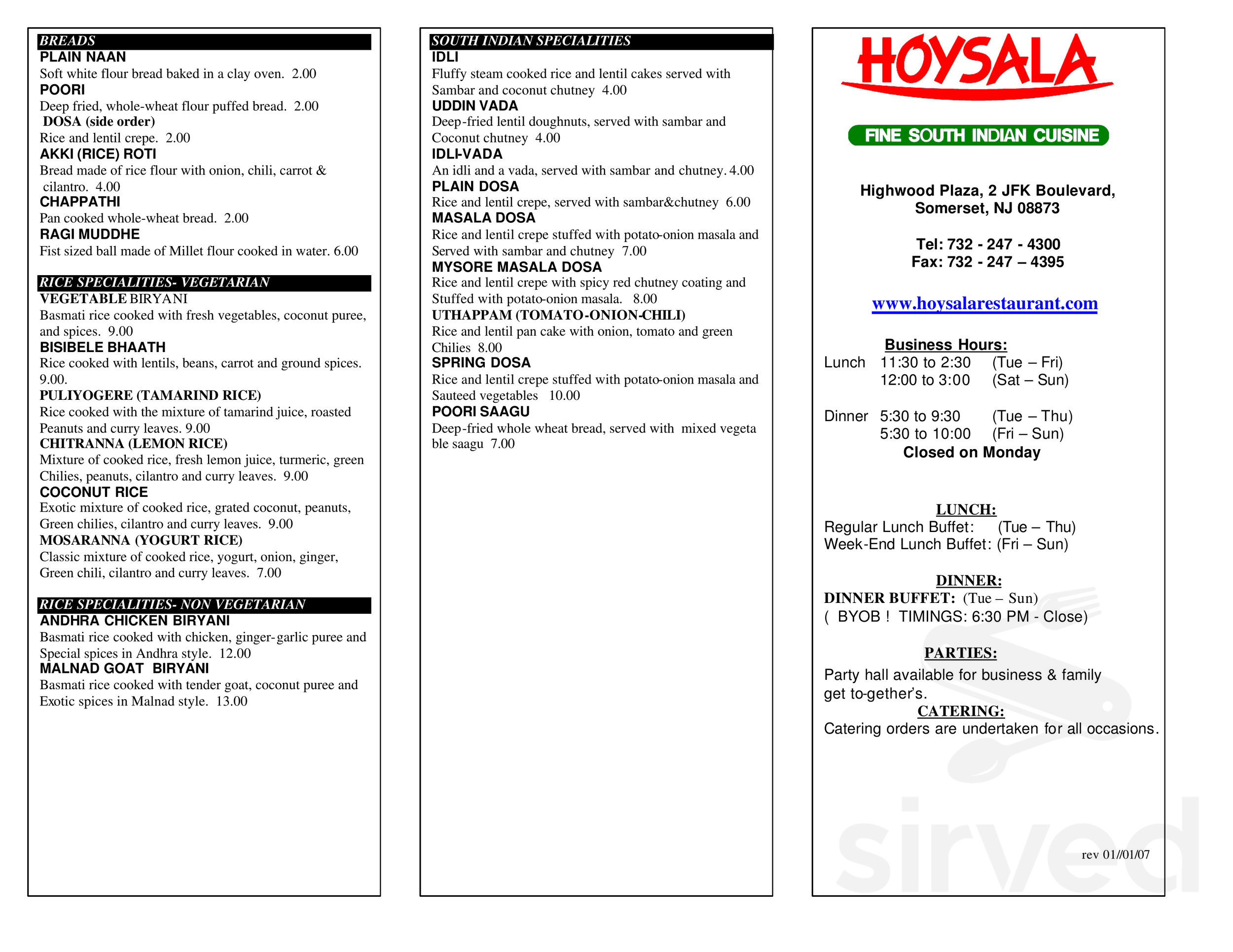 Hoysala menu in Somerset, New Jersey, USA