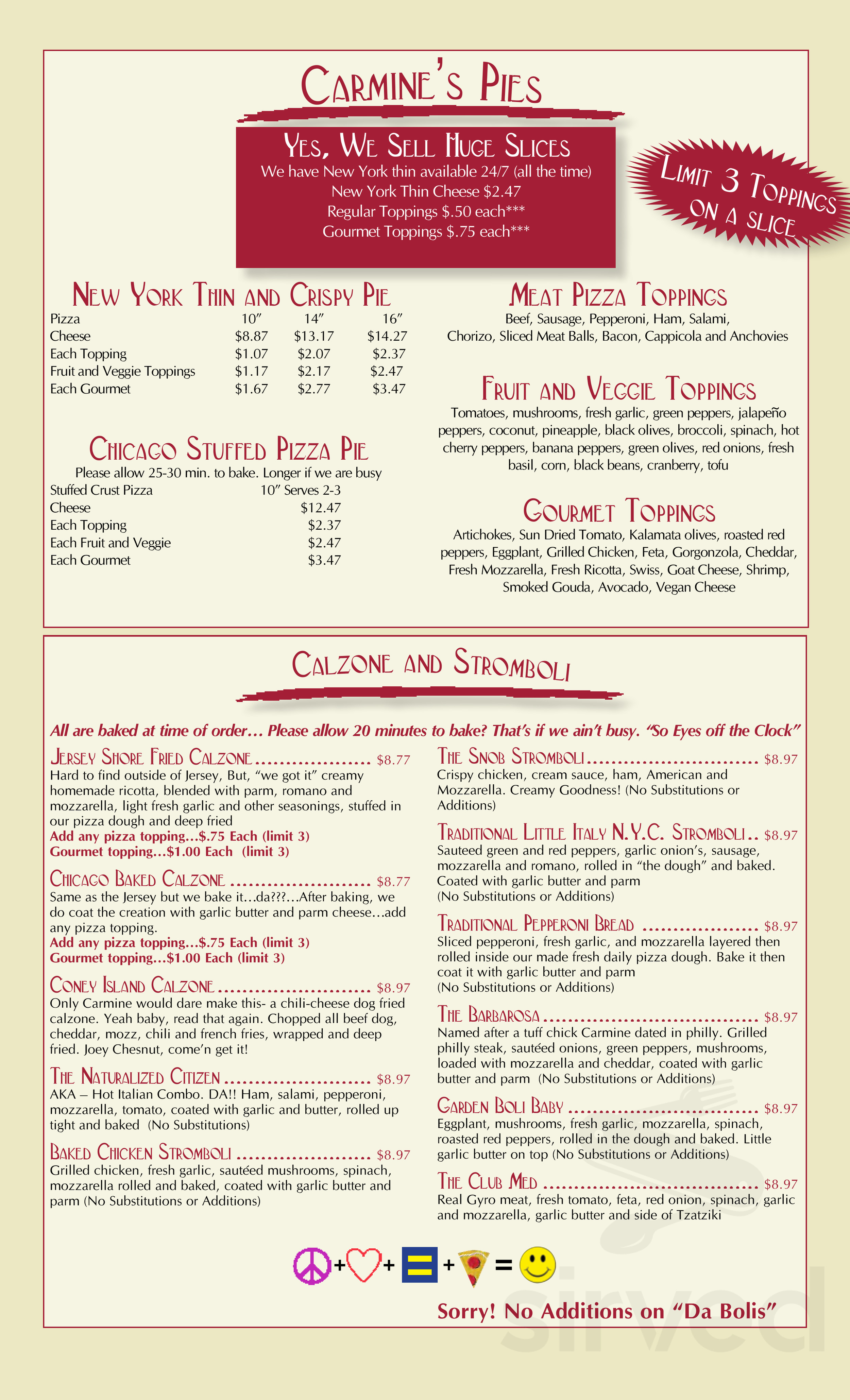Carmines Pie House menu in Jacksonville, Florida, USA