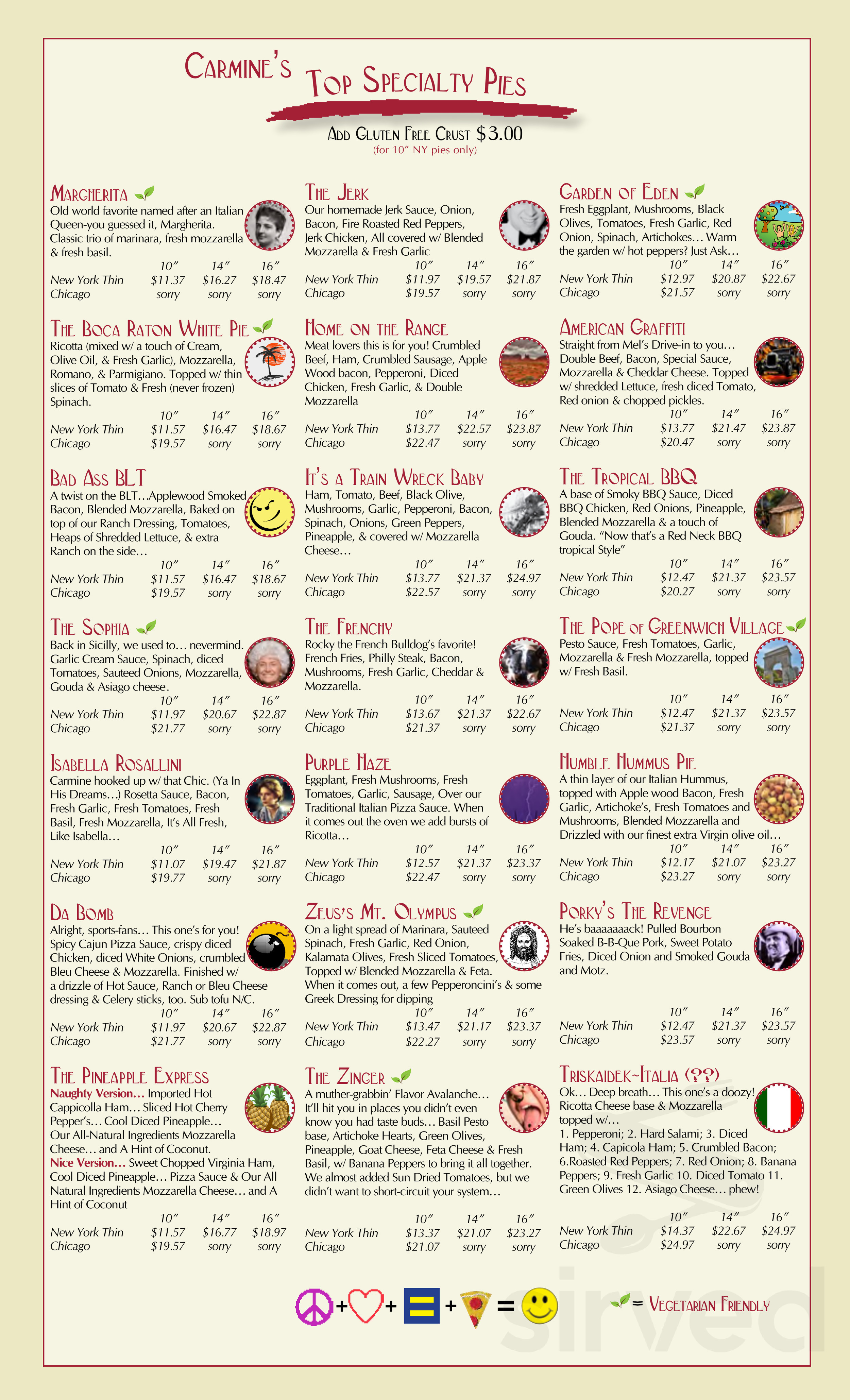 Carmines Pie House menu in Jacksonville, Florida, USA