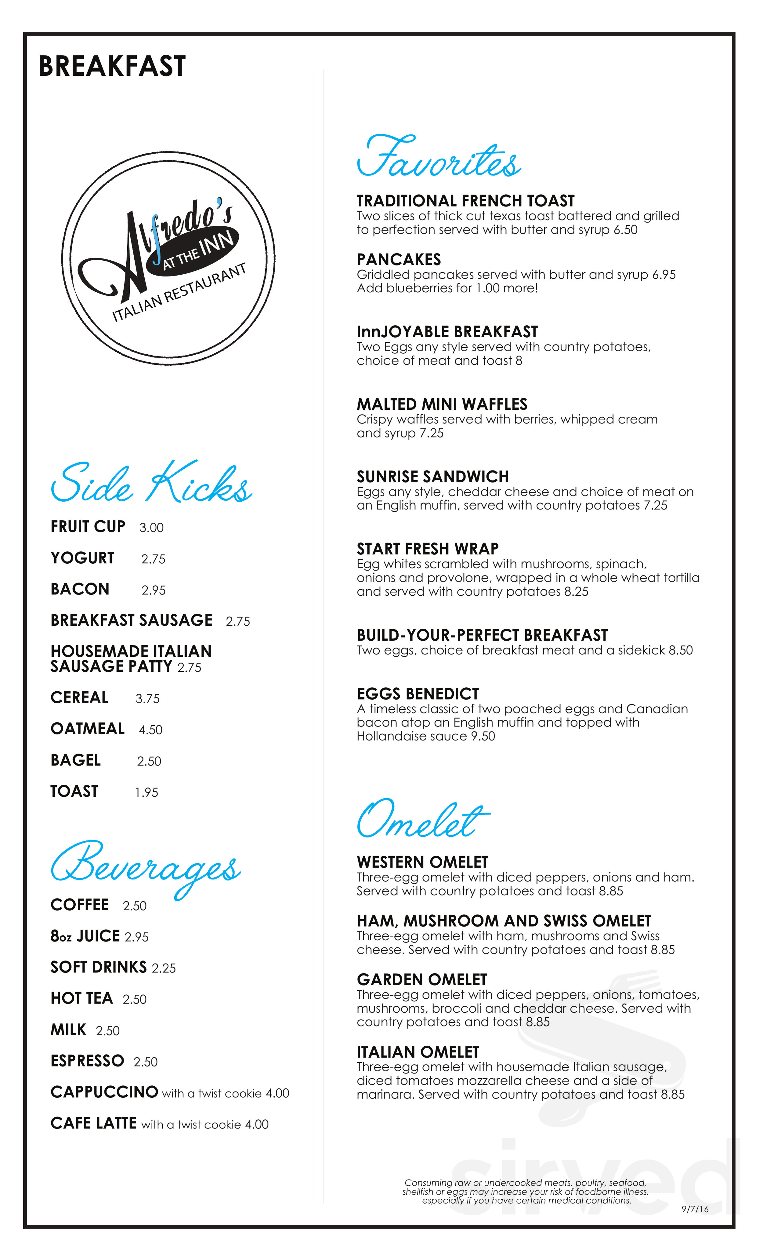 Alfredo's At the Inn Italian Restaurant menu in Mayfield, Ohio, USA