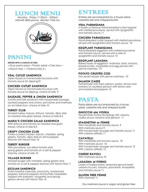 Alfredo's At the Inn Italian Restaurant menu in Mayfield, Ohio, USA