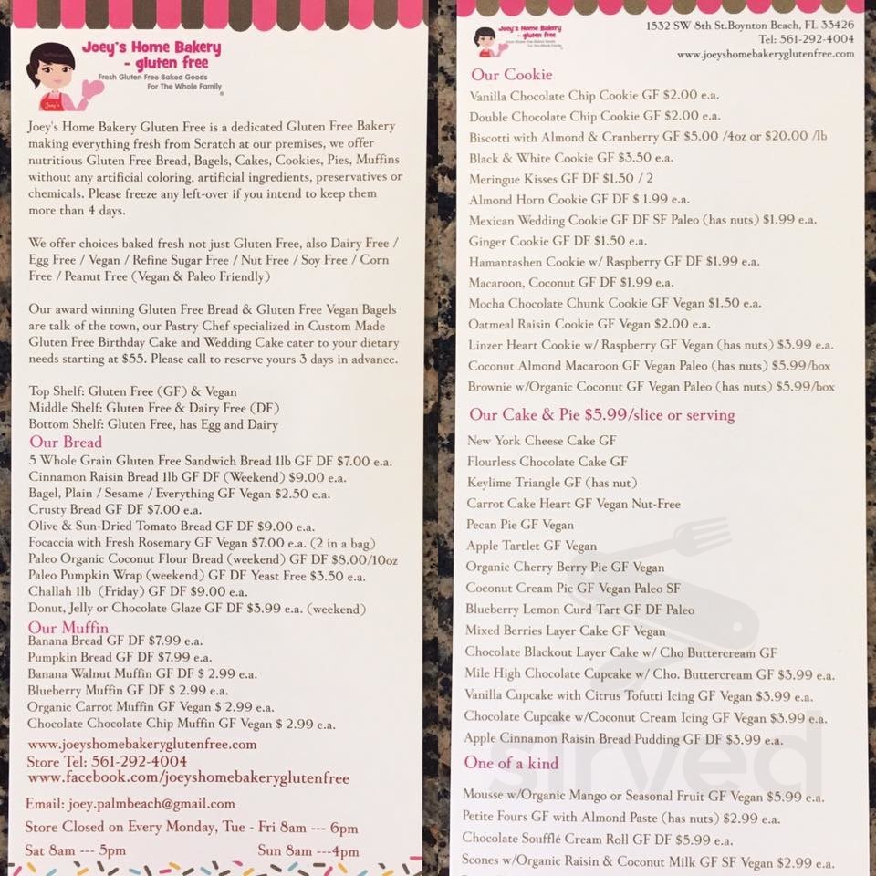 Menu Boynton Beach FL #39 s Joey #39 s Home Bakery Gluten Free Sirved Menu Boynton Beach FL #39 s Joey #39 s Home Bakery Gluten Free Sirved