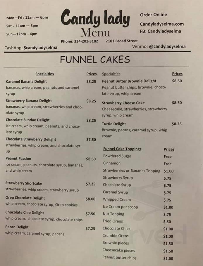 Menu for Candy Lady in Selma, AL | Sirved