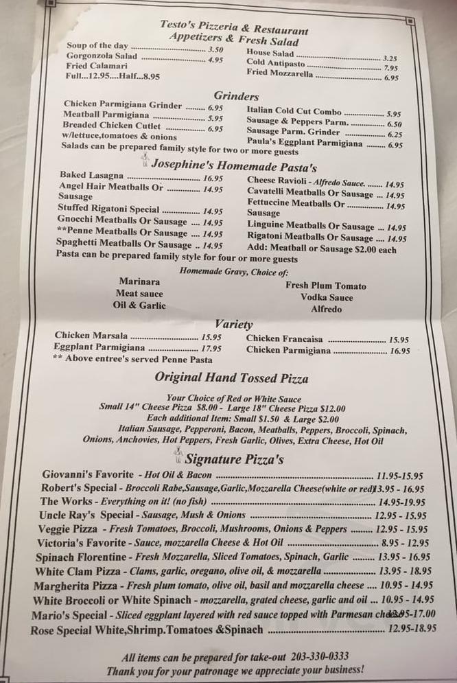 Testo's Pizzeria & Restaurant menu in Fairfield, Connecticut, USA