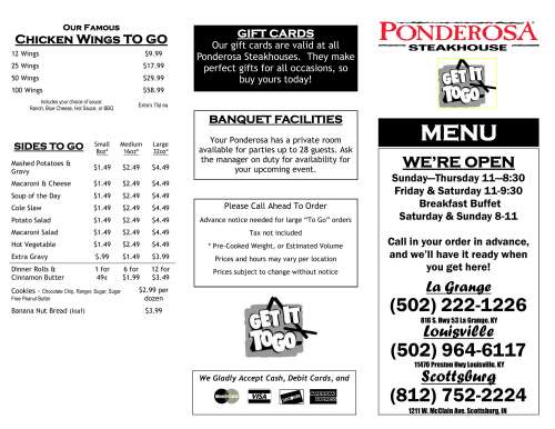 Ponderosa menu in Louisville, Kentucky, USA