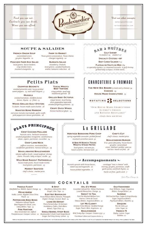 Boulevardier menu in Dallas, Texas, USA