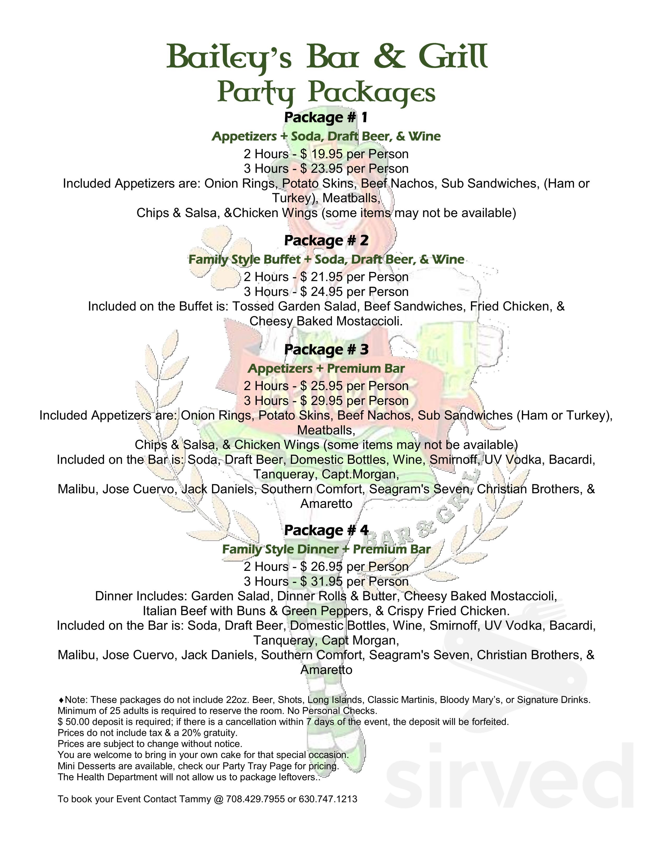 Bailey's Restaurant & Bar menu in Tinley Park, Illinois, USA