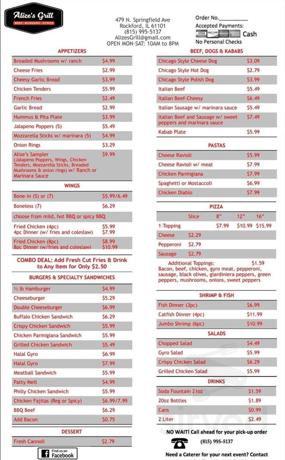 Alize's Grill menu in Rockford, Illinois, USA