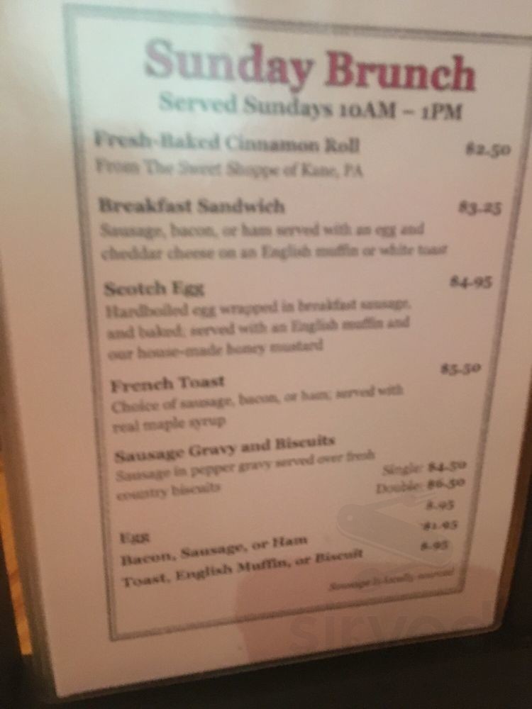 CJ Spirits menu in Kane, Pennsylvania, USA