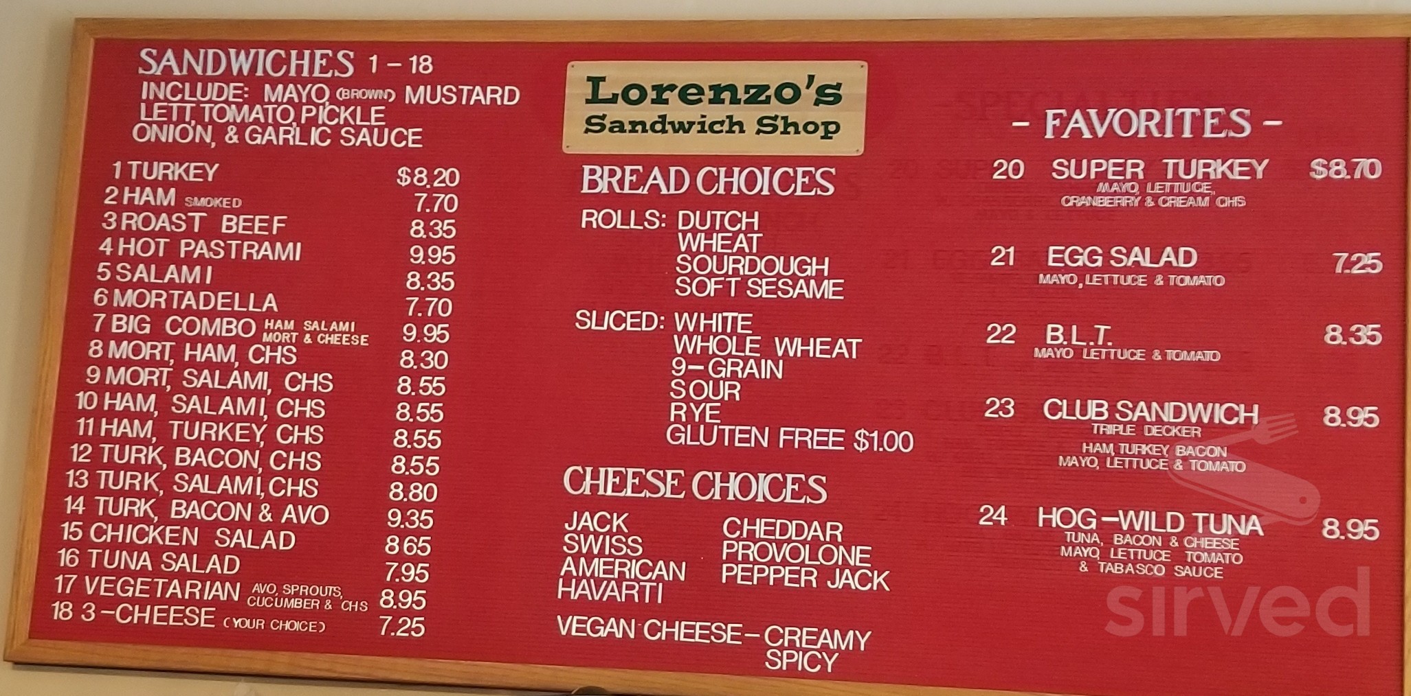 Menu for Lorenzo's Sandwich Shop in Belmont, CA Sirved