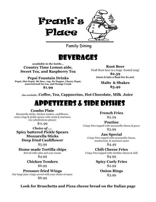 Frank's Place menu in Sault Ste. Marie, Michigan, USA