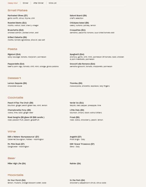 Tavolàta menu in Spokane, Washington, USA