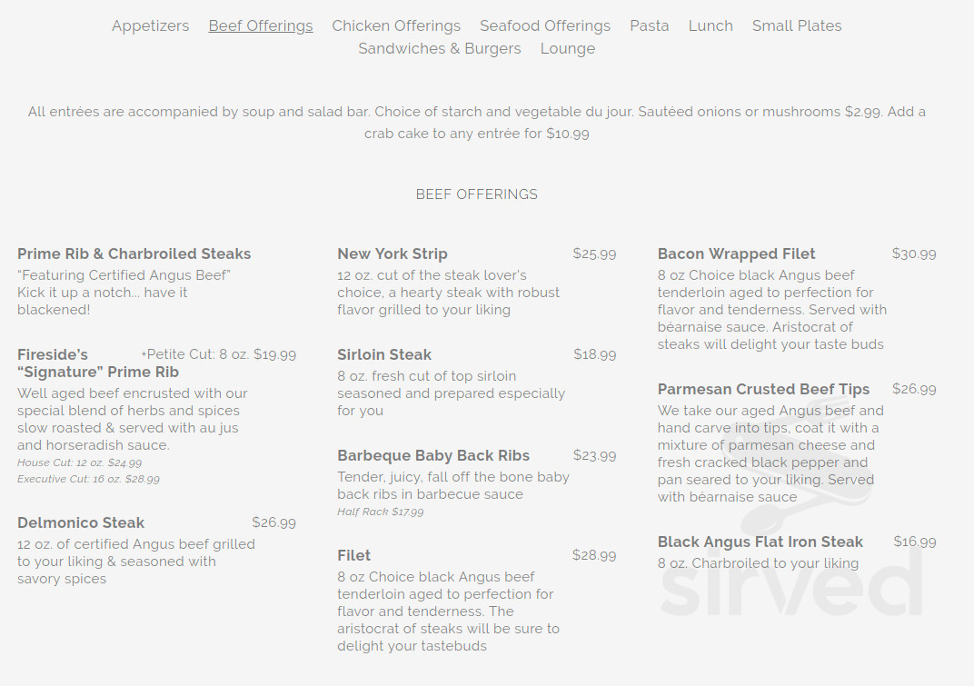 Zach Greenlee's Fireside Restaurant & Lounge menu in Hagerstown