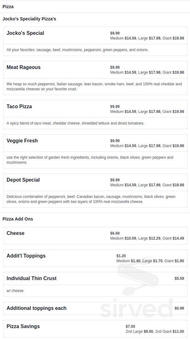 Jocko's menu in Danville, Illinois, USA