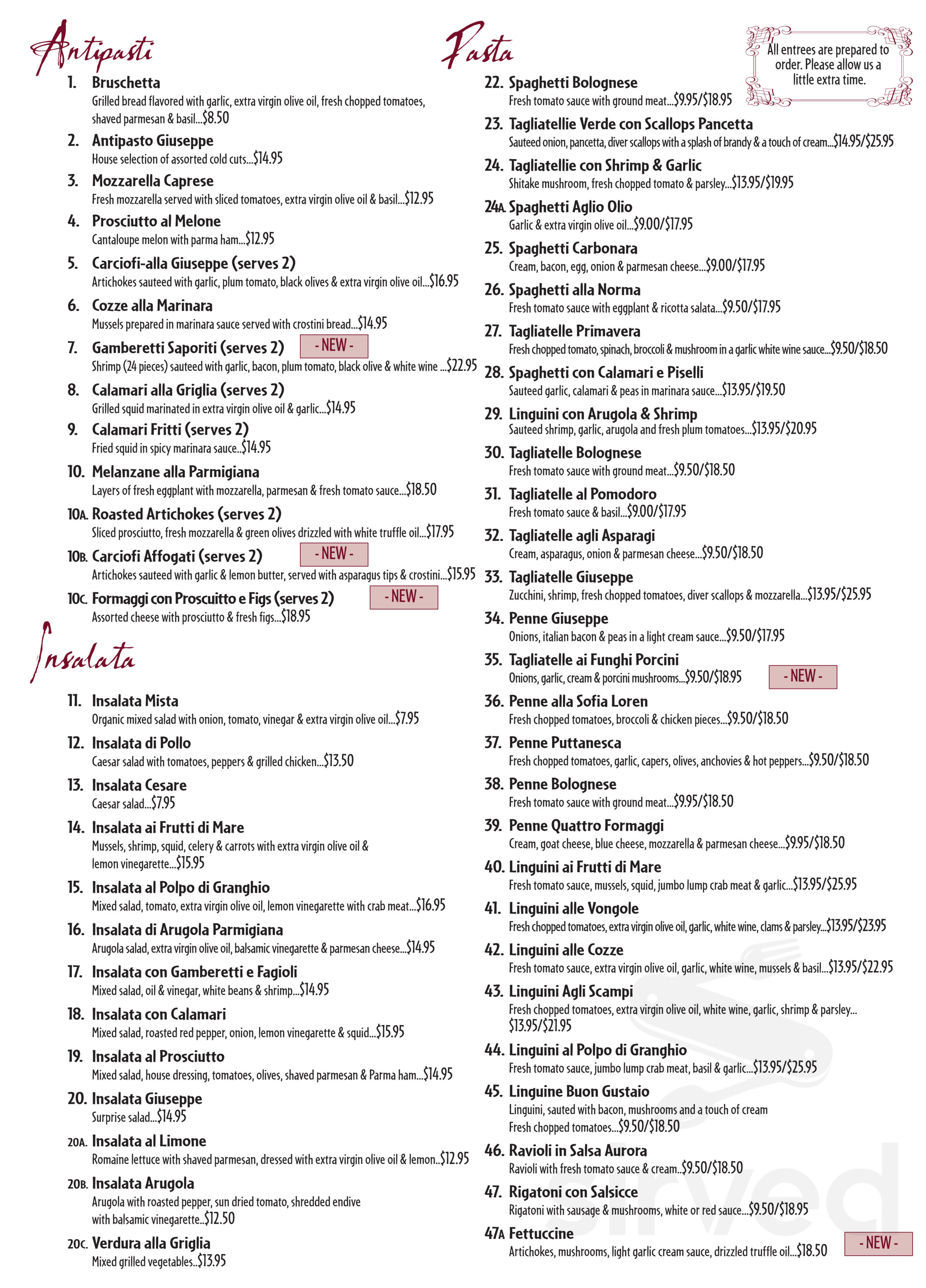 Trattoria Giuseppe menu in Newtown Square, Pennsylvania