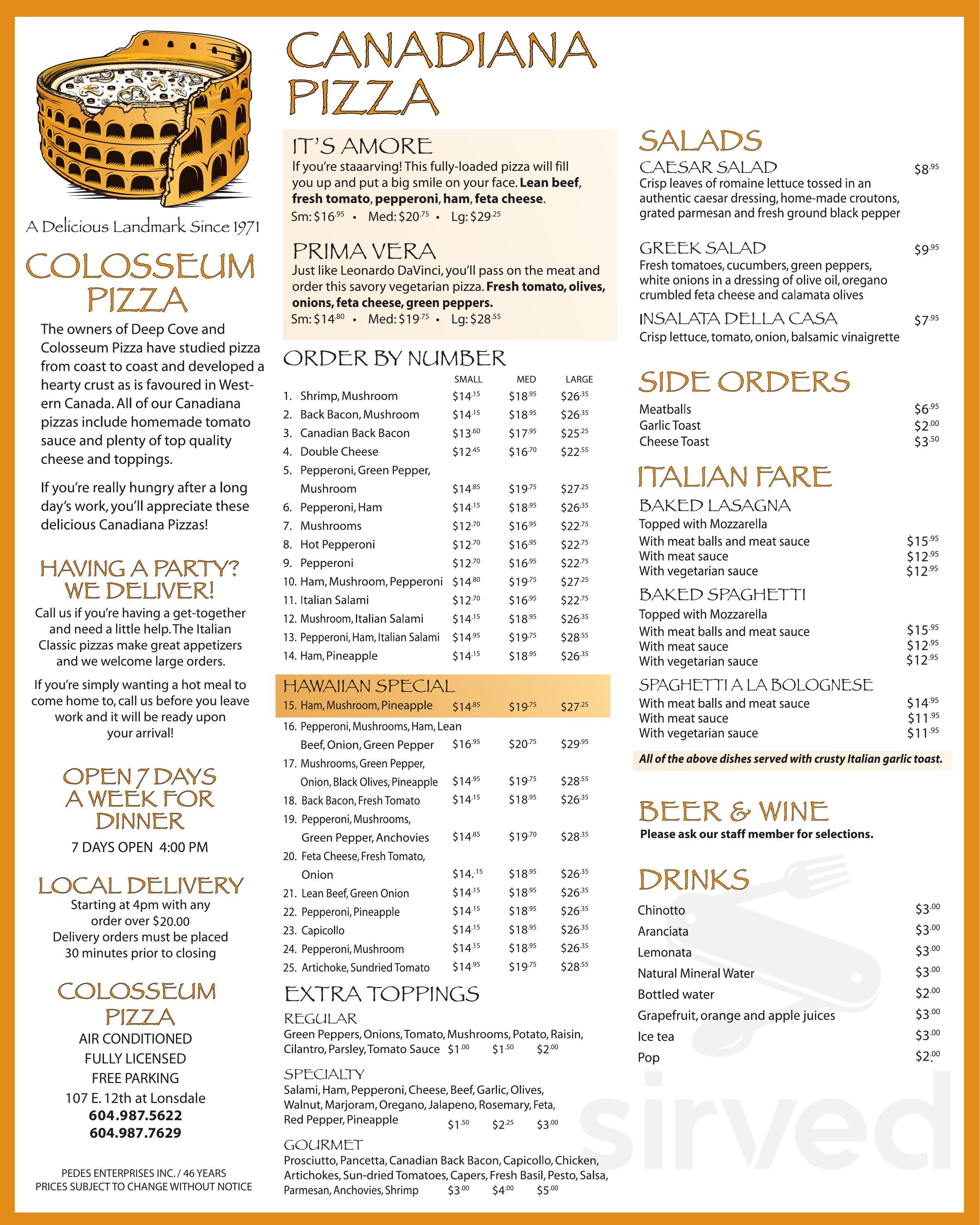 Deep Cove Pizza menus in North Vancouver, British Columbia, Canada