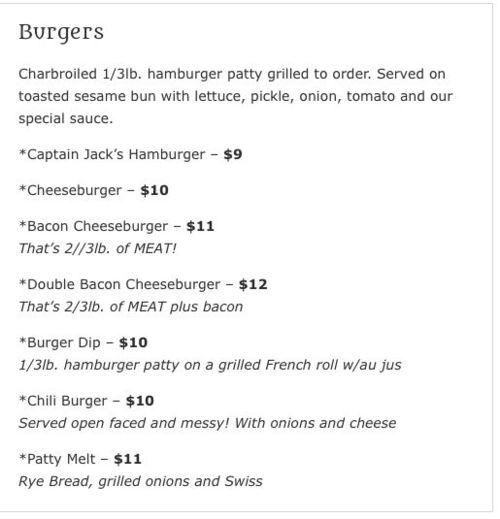 Captain Jack's Bar and Grill menu in Sumner, Washington, USA