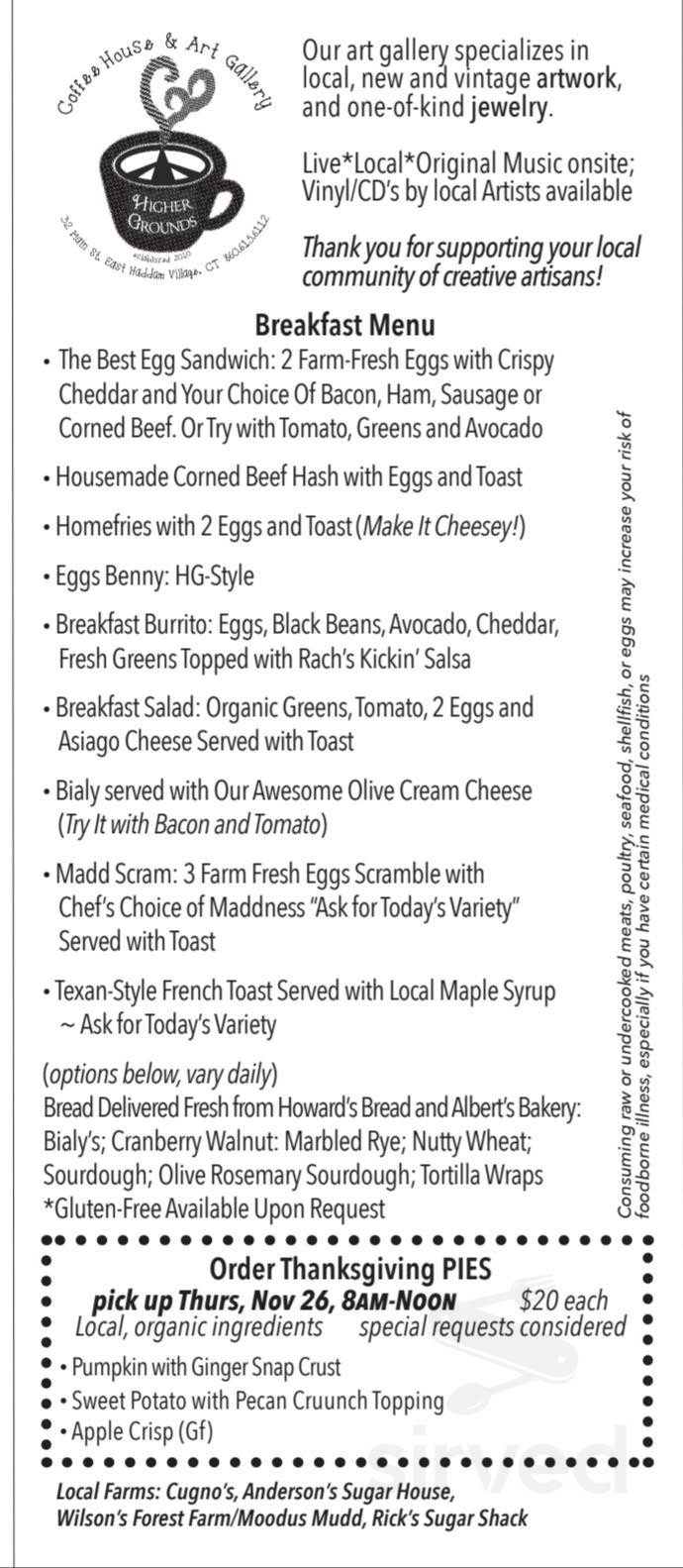 Higher Grounds at 32 Main breakfast menu in East Haddam, Connecticut