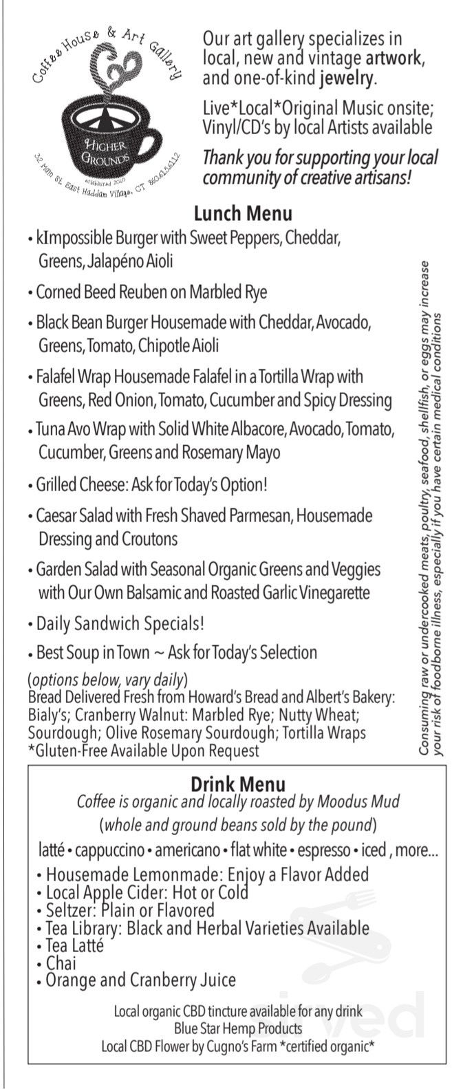 Higher Grounds at 32 Main menu in East Haddam, Connecticut