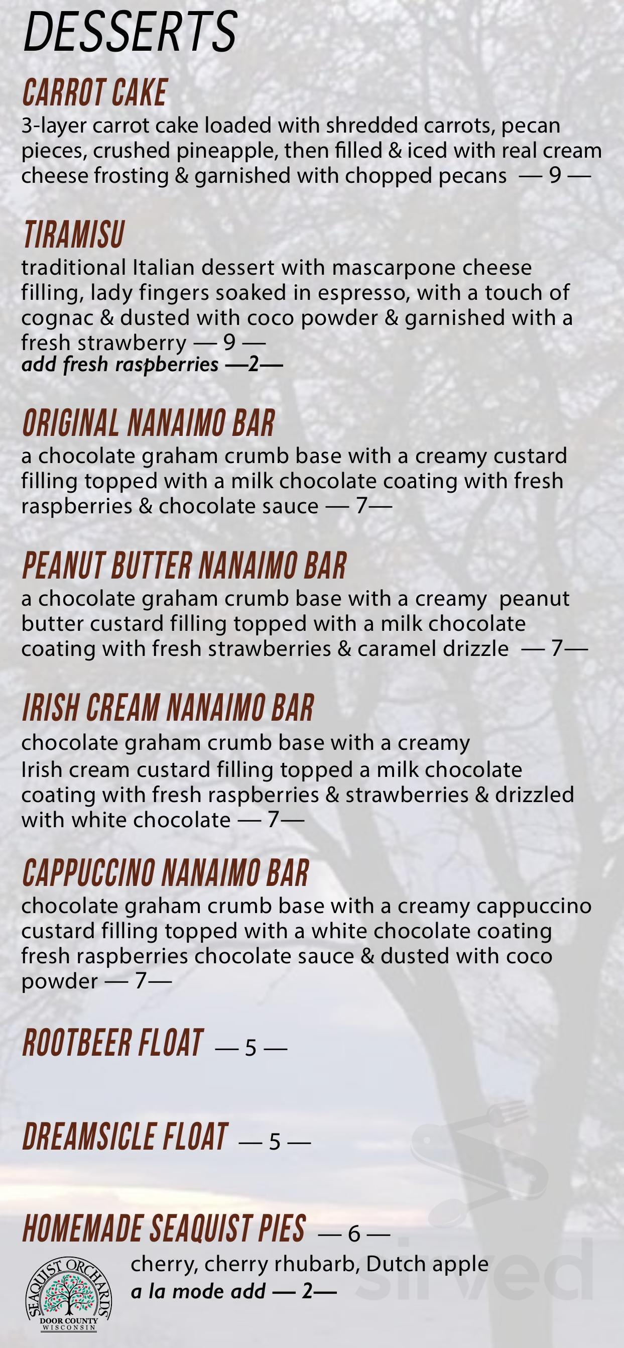 Chef's Hat Cafe dessert menu in Ephraim, Wisconsin