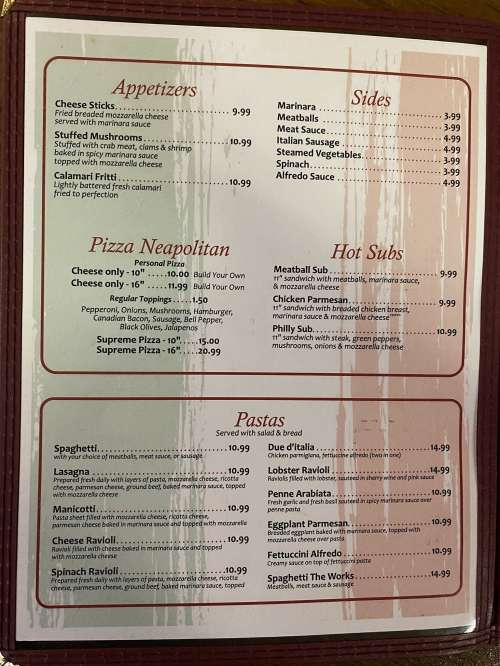 Roma's Italian restaurant menu in Jefferson, Texas, USA