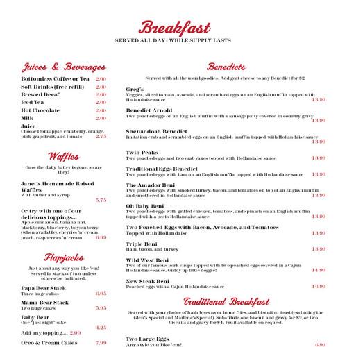 Marlene & Glen's Diner menu in Plymouth, California, USA